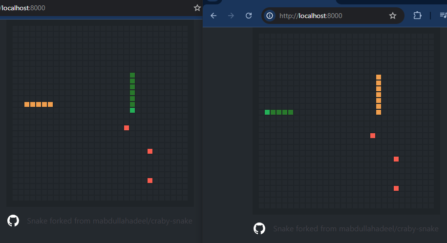 Rust snake online two game windows open in browser.